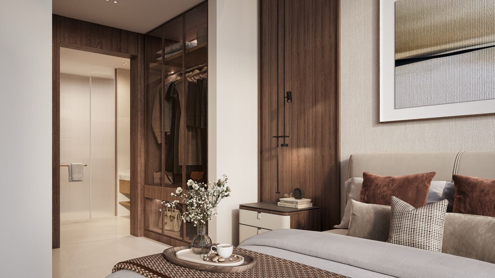 Master bedroom with elegant walk-in wardrobe at The Residences DIFC