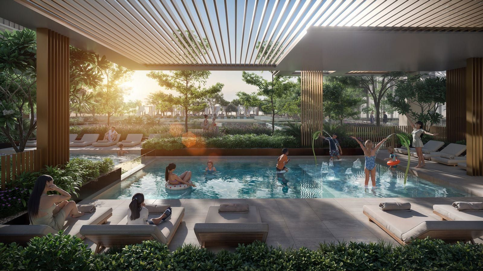 Family pool with children play area and cabanas at The Residences DIFC Zabeel District