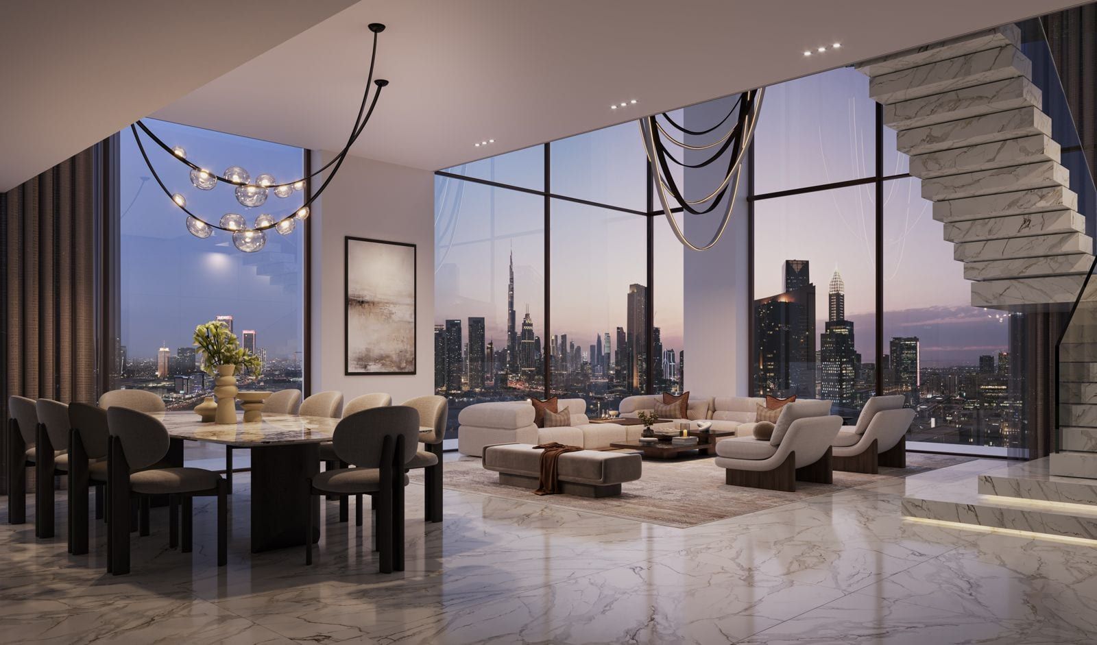 Luxury penthouse living space with panoramic Dubai skyline views at dusk