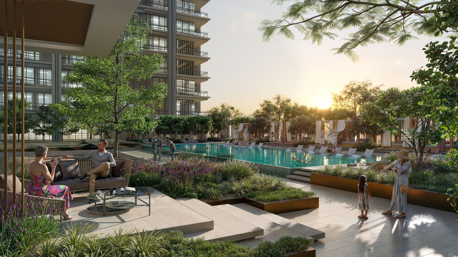 Resort-style infinity pool with landscaped surroundings at The Residences DIFC