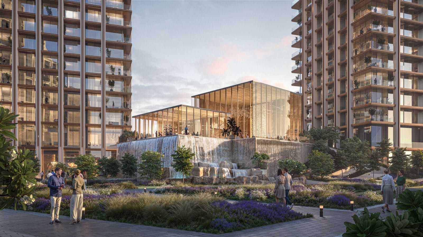 Cascading waterfall and landscaped gardens between The Residences DIFC towers